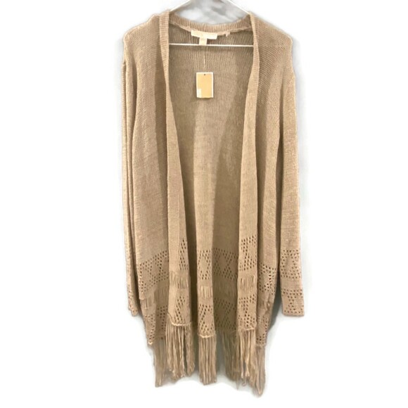 NWT Michael Kors Crochet Fringe Hem Cardigan - Tan XL - Picture 1 of 9